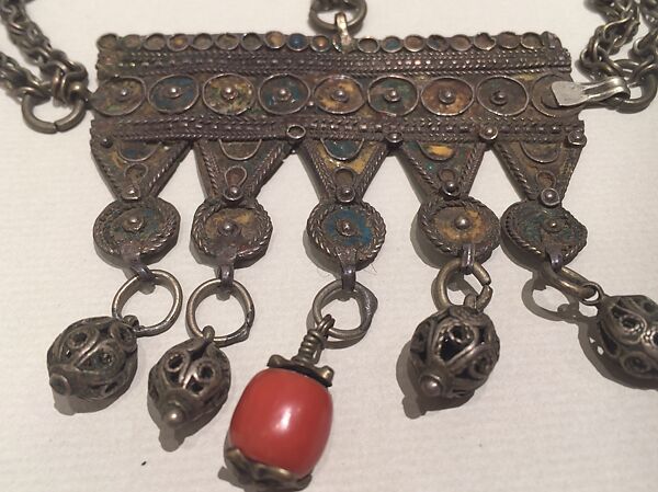 Head Ornament, Silver, with filigree and enamel, and coral