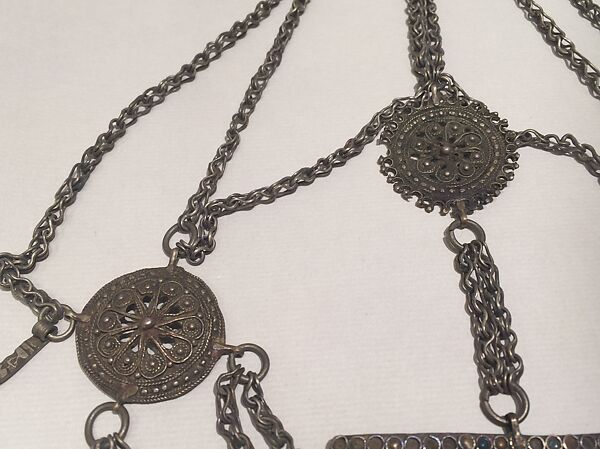 Head Ornament, Silver, with filigree and enamel, and coral