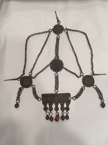 Head Ornament, Silver, with filigree and enamel, and coral