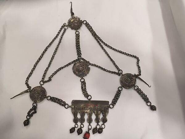 Head Ornament, Silver, with filigree and enamel, and coral