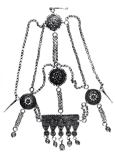 Head Ornament, Silver, with filigree and enamel, and coral