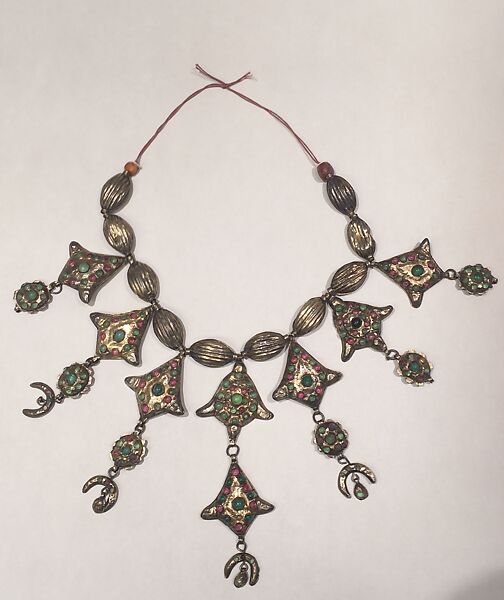 Necklace, Silver (?), gilded; red, green and yellow glass 