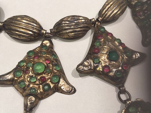 Necklace, Silver (?), gilded; red, green and yellow glass