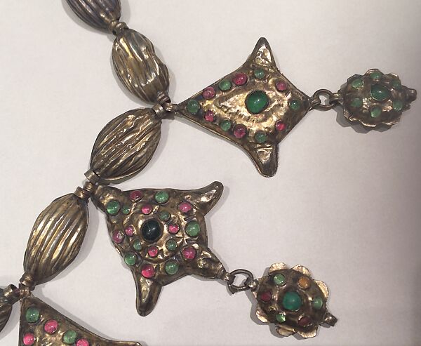 Necklace, Silver (?), gilded; red, green and yellow glass