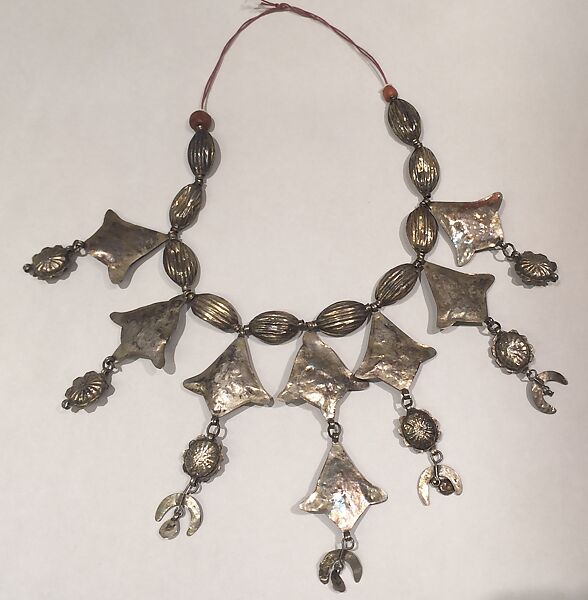 Necklace, Silver (?), gilded; red, green and yellow glass