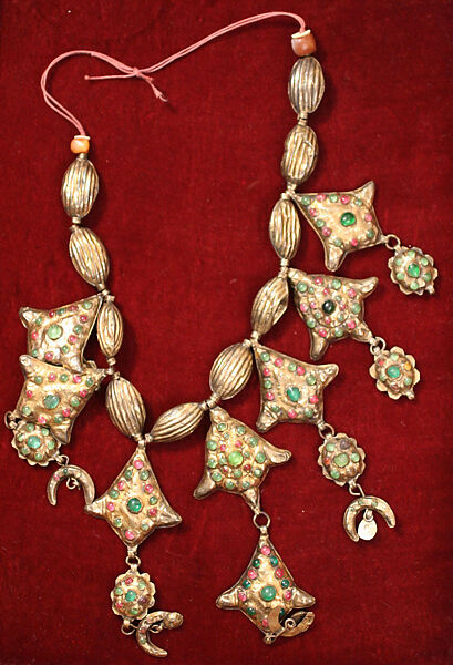 Necklace, Silver (?), gilded; red, green and yellow glass