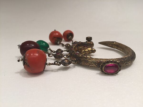 Ear Ornament (Tikhrazin or Douwwah), One of a Pair, Metal, coral, and glass