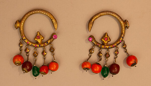Ear Ornament (Tikhrazin or Douwwah), One of a Pair, Metal, coral, and glass