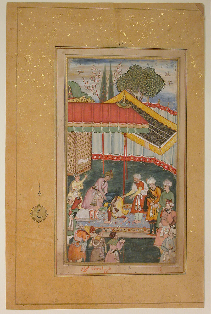"Emperor Babur Receiving a Visitor", Folio from a Baburnama (The Book of Babur), Ink, opaque watercolor, and gold on paper