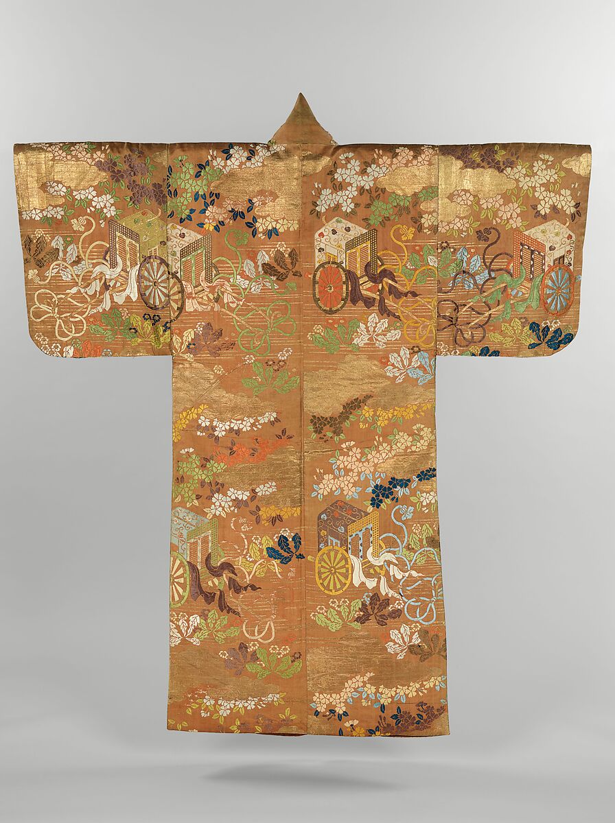Noh Costume (Karaori) with Court Carriages, Cherry Blossoms, and Dandelions, Twill-weave silk brocade with supplementary-weft patterning in metallic thread, Japan