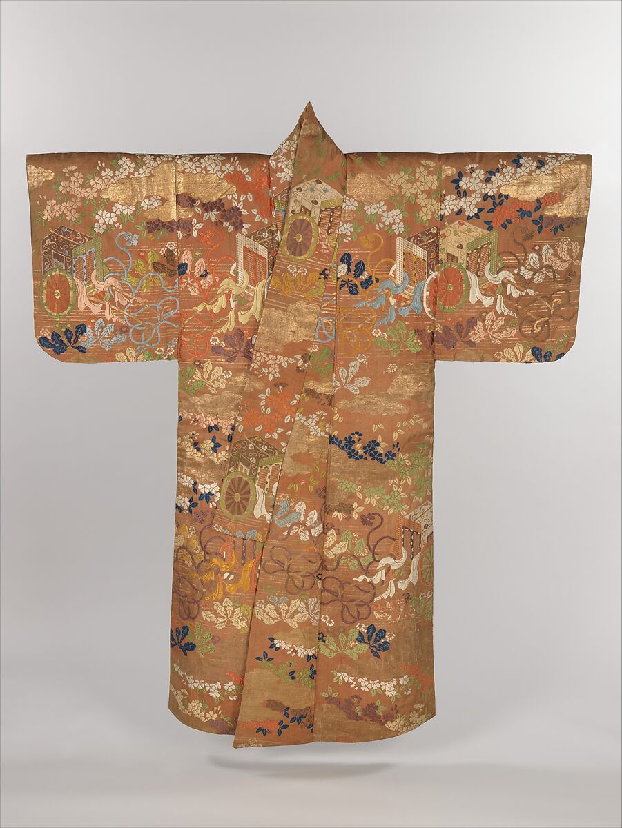 Noh Costume (Karaori) with Court Carriages, Cherry Blossoms, and Dandelions, Twill-weave silk brocade with supplementary-weft patterning in metallic thread, Japan