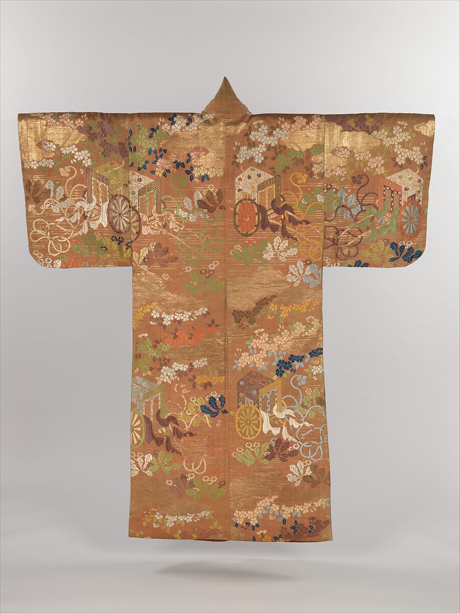 Noh Costume (Karaori) with Court Carriages, Cherry Blossoms, and Dandelions, Twill-weave silk brocade with supplementary-weft patterning in metallic thread, Japan 