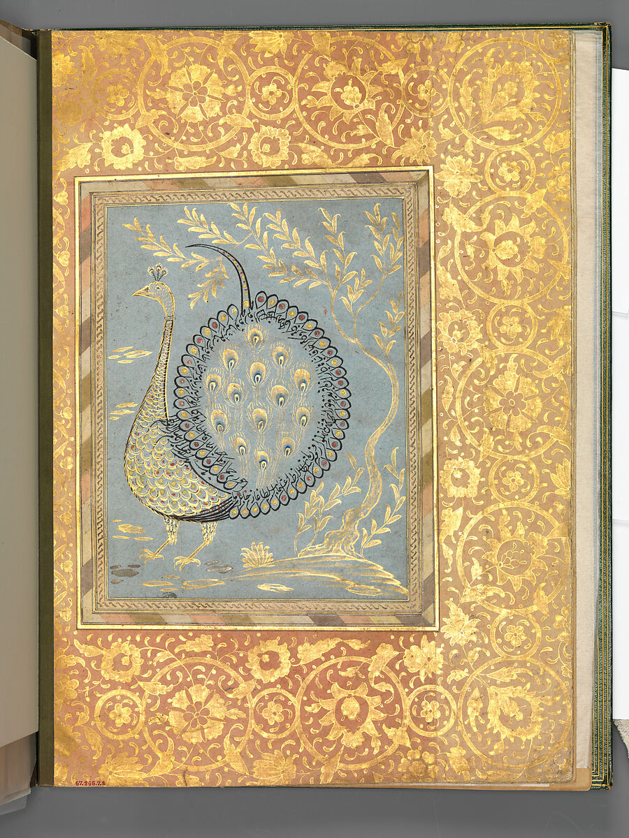 "Calligraphic Composition in Shape of Peacock," Folio from the Bellini Album, Ink, opaque watercolor, and gold on paper