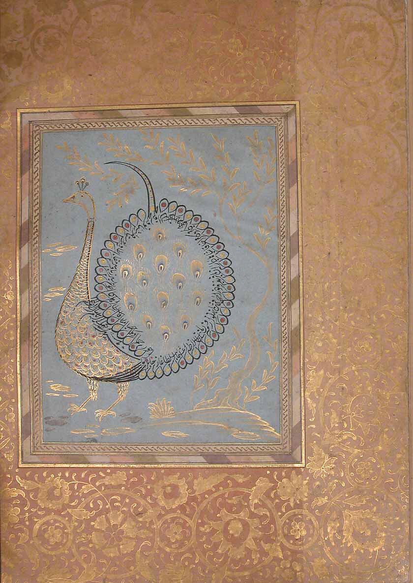 "Calligraphic Composition in Shape of Peacock," Folio from the Bellini Album, Ink, opaque watercolor, and gold on paper