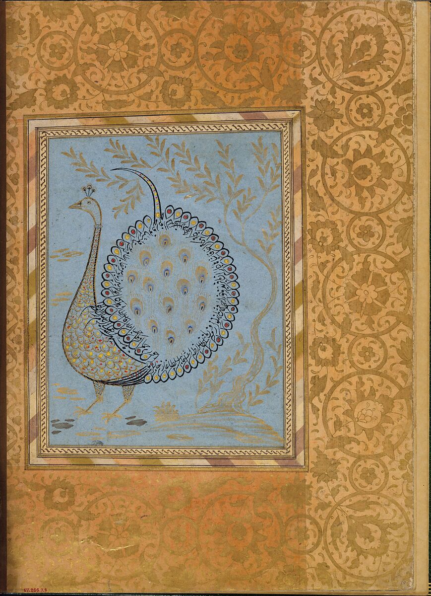 "Calligraphic Composition in Shape of Peacock," Folio from the Bellini Album, Ink, opaque watercolor, and gold on paper 