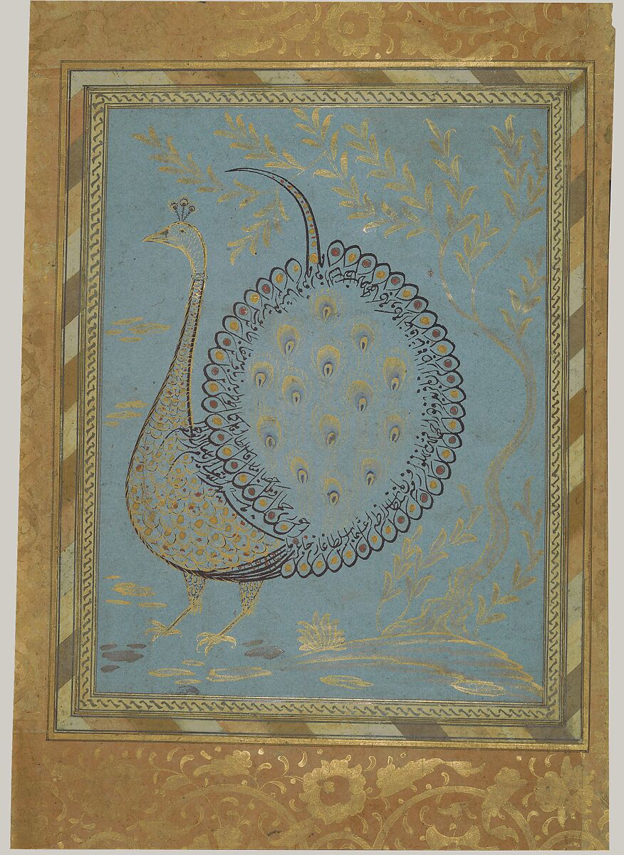 "Calligraphic Composition in Shape of Peacock," Folio from the Bellini Album, Ink, opaque watercolor, and gold on paper