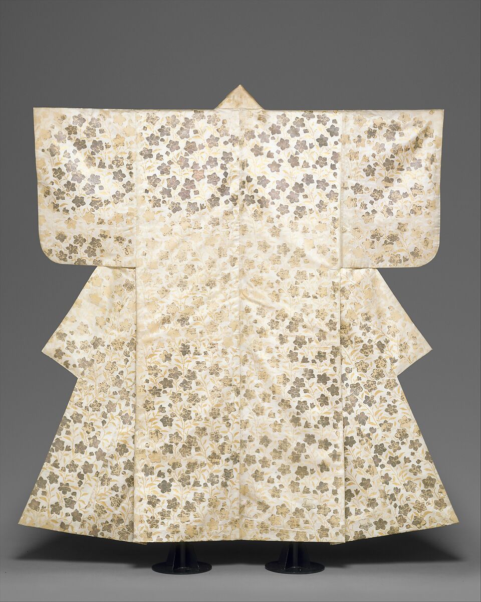 Noh Costume (Surihaku) with Chinese Bellflowers, Gold and silver leaf on silk satin, Japan