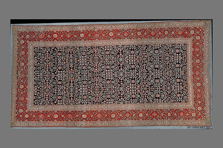 Millefleur Carpet with a Flower-and-Trellis Pattern, Cotton (warp and weft), wool (pile); asymmetrically knotted pile
