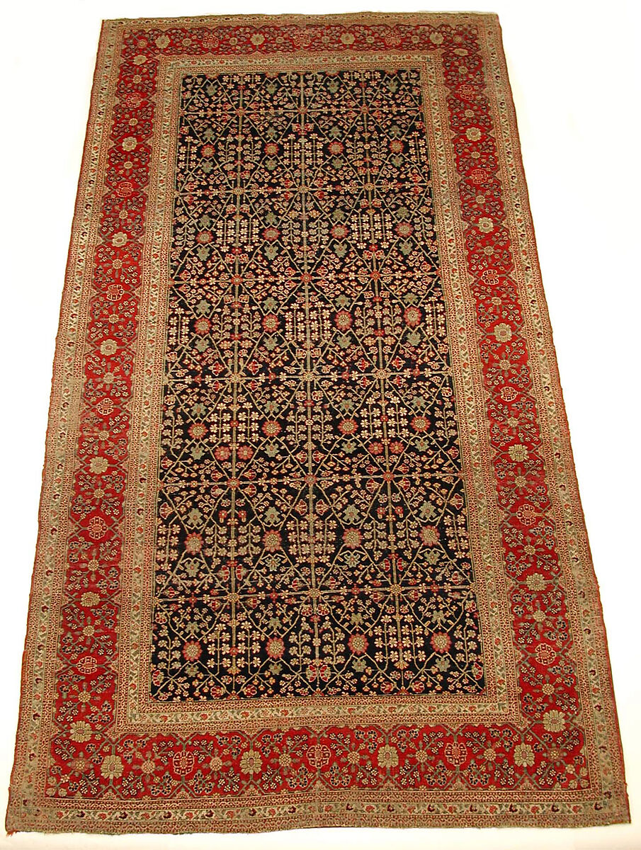 Millefleur Carpet with a Flower-and-Trellis Pattern, Cotton (warp and weft), wool (pile); asymmetrically knotted pile