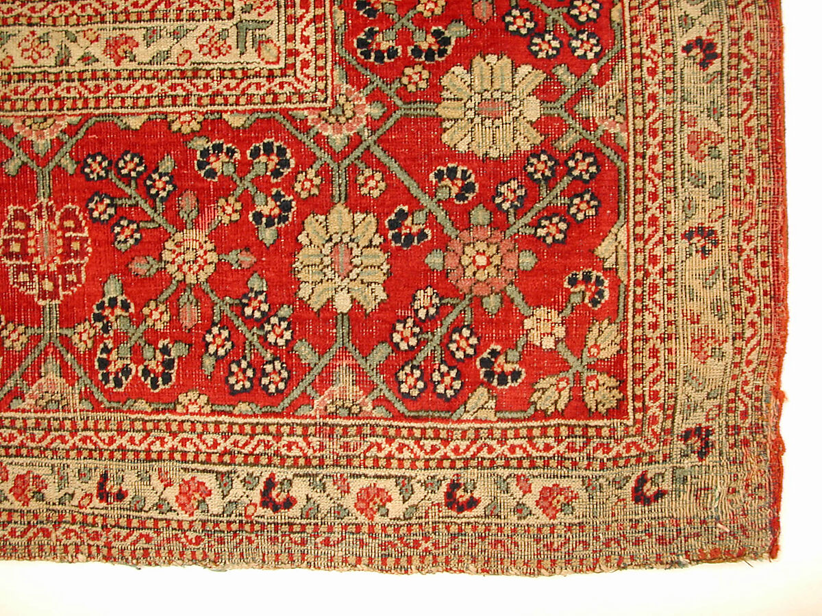 Millefleur Carpet with a Flower-and-Trellis Pattern, Cotton (warp and weft), wool (pile); asymmetrically knotted pile