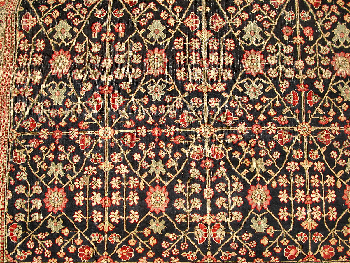 Millefleur Carpet with a Flower-and-Trellis Pattern, Cotton (warp and weft), wool (pile); asymmetrically knotted pile