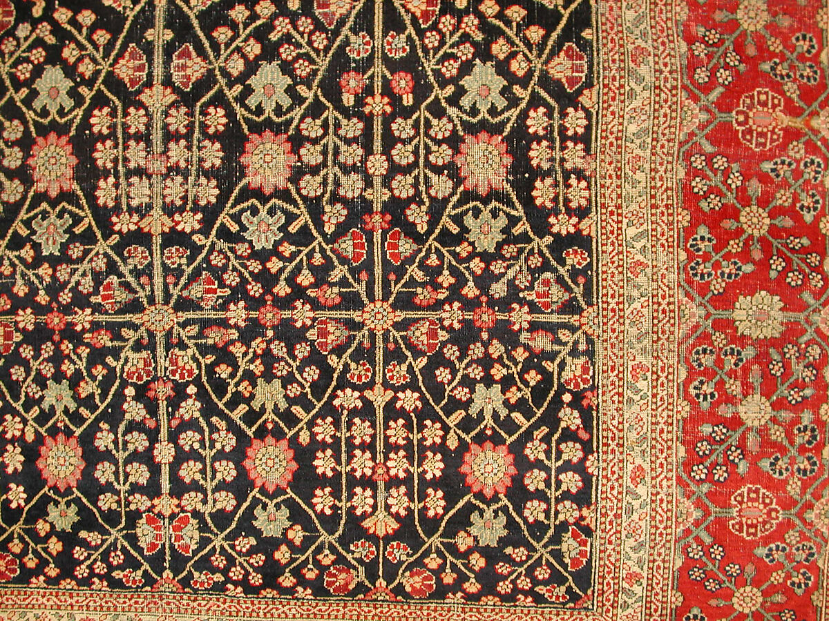 Millefleur Carpet with a Flower-and-Trellis Pattern, Cotton (warp and weft), wool (pile); asymmetrically knotted pile