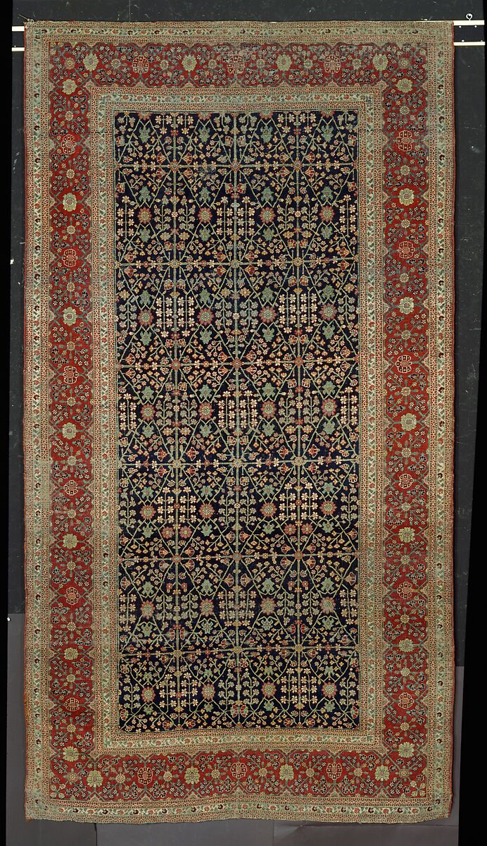 Millefleur Carpet with a Flower-and-Trellis Pattern, Cotton (warp and weft), wool (pile); asymmetrically knotted pile