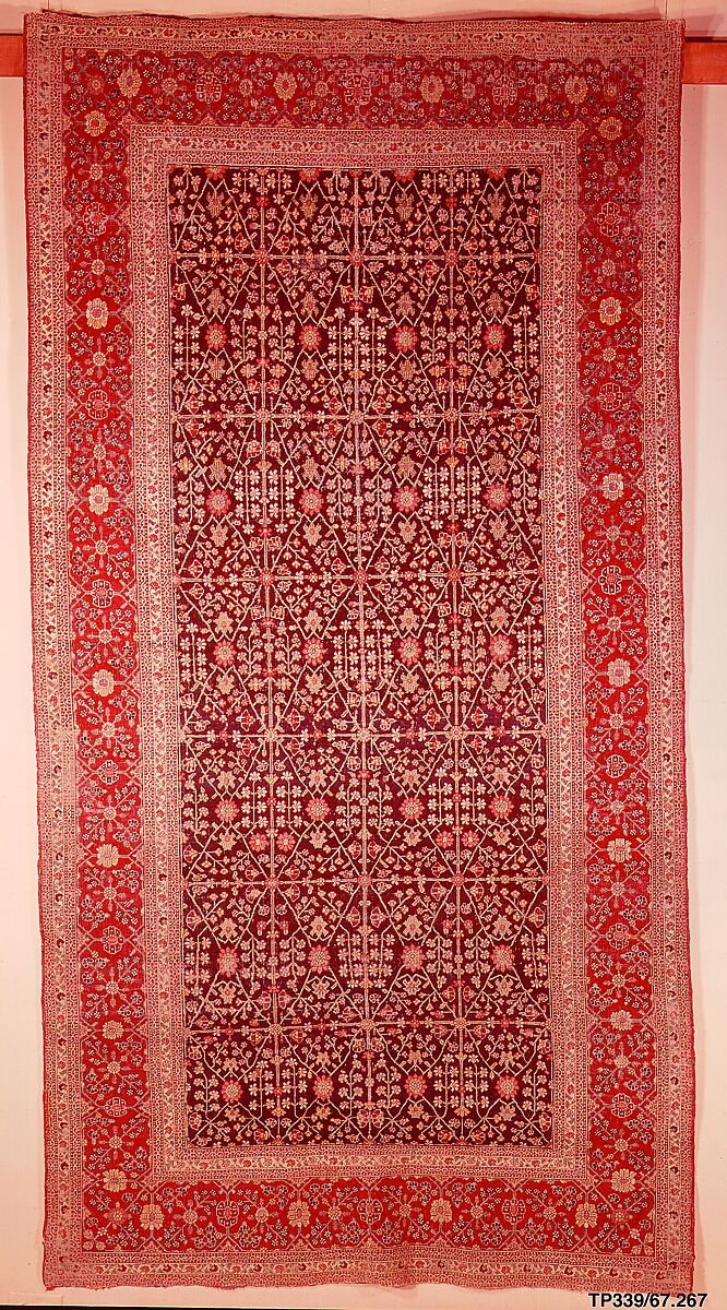 Millefleur Carpet with a Flower-and-Trellis Pattern, Cotton (warp and weft), wool (pile); asymmetrically knotted pile