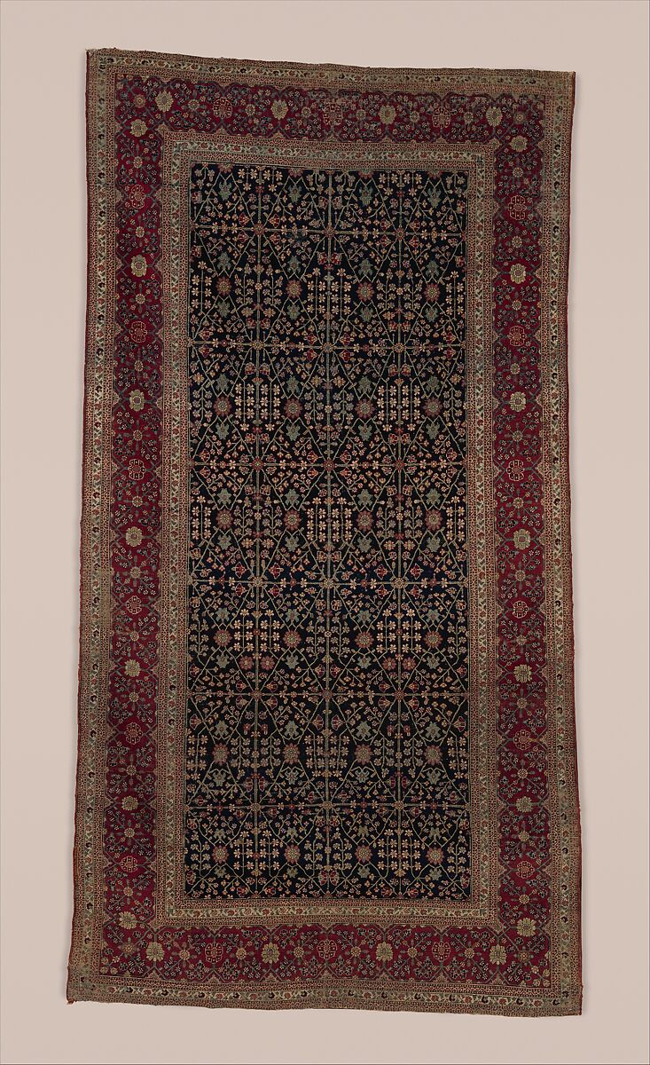 Millefleur Carpet with a Flower-and-Trellis Pattern, Cotton (warp and weft), wool (pile); asymmetrically knotted pile 