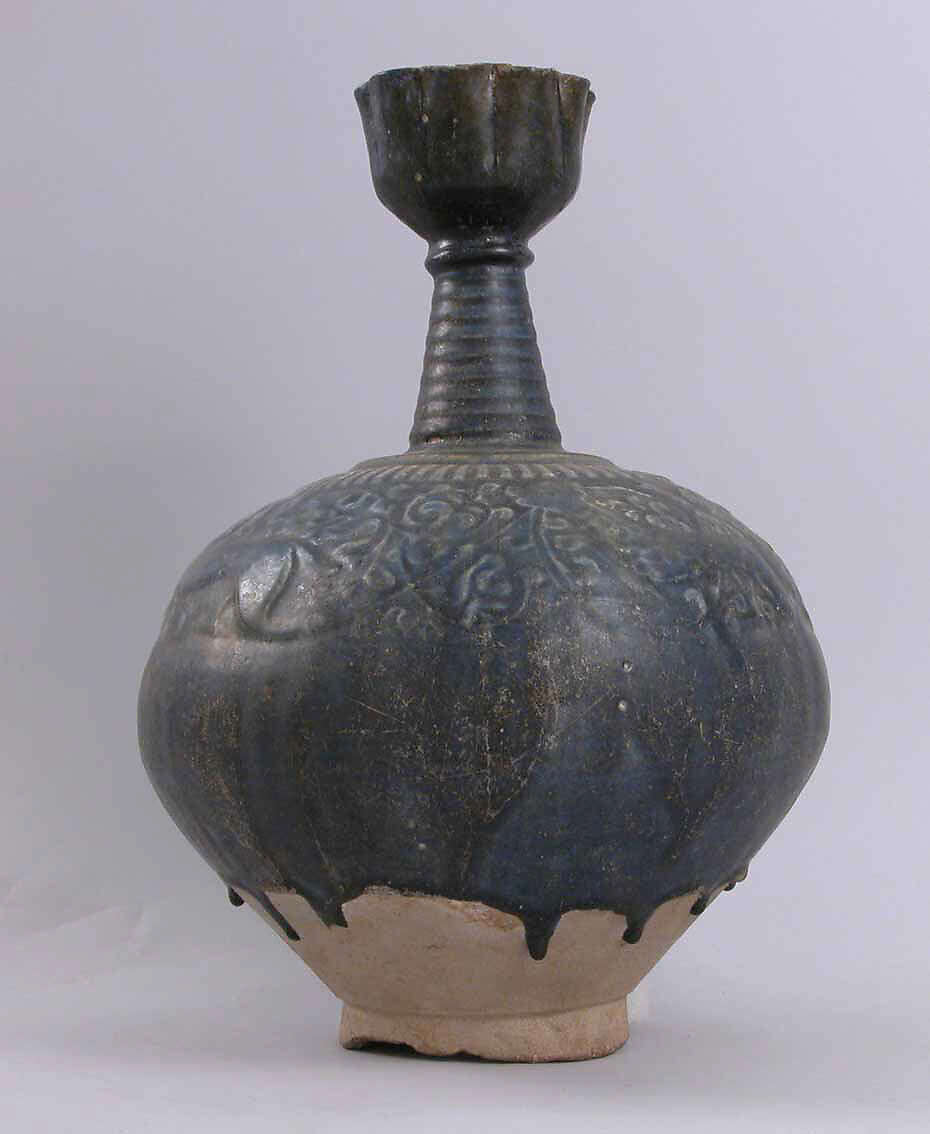 Bottle, Artificial paste; molded or carved and glazed 