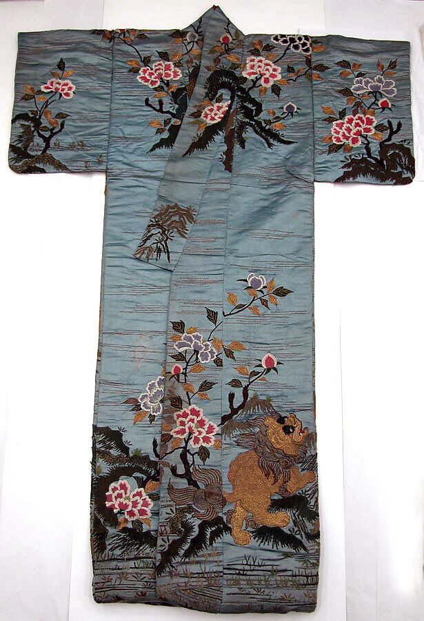 Kabuki Costume: Outer Robe (Uchikake) with Design of Lioness and Cubs, Silk, cotton, and metallic thread, glass, embroidered satin, Japan