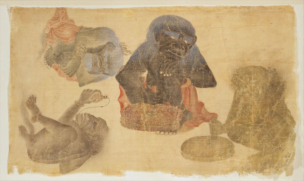 Four Captive Demons, Watercolor and gold on silk
