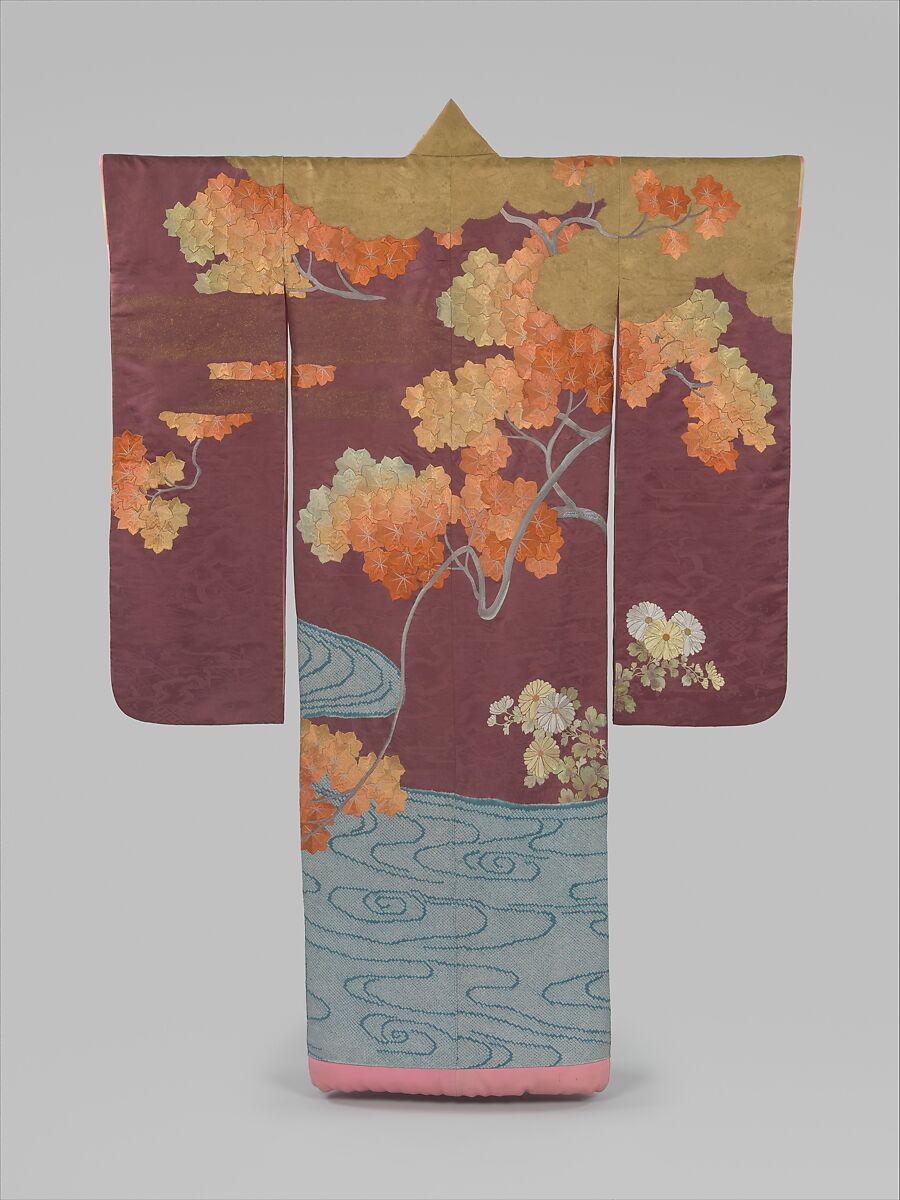 Outer Robe (Uchikake) with Maple Tree and River, Resist-dyed silk satin damask embroidered with silk and metallic thread, Japan 