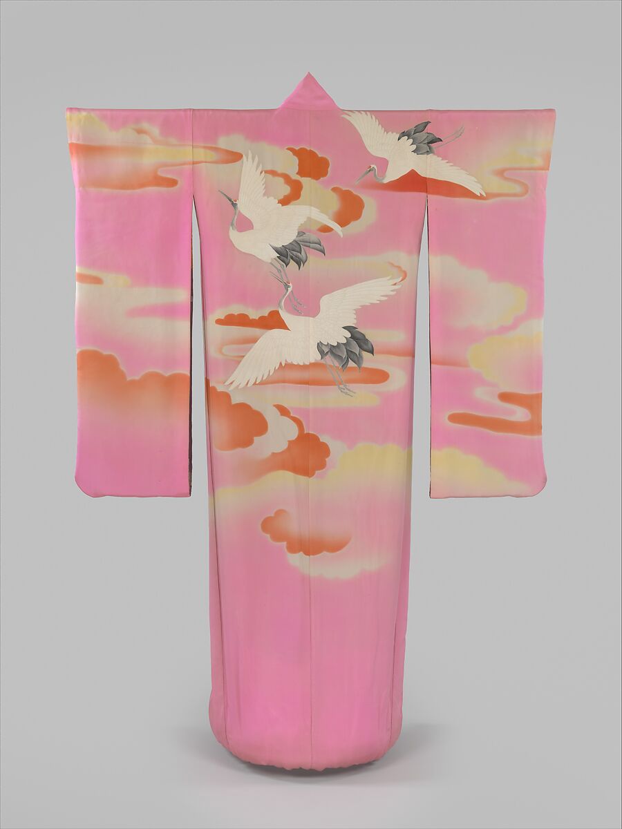 Outer Robe (Uchikake) with Maple Tree and River, Resist-dyed silk satin damask embroidered with silk and metallic thread, Japan