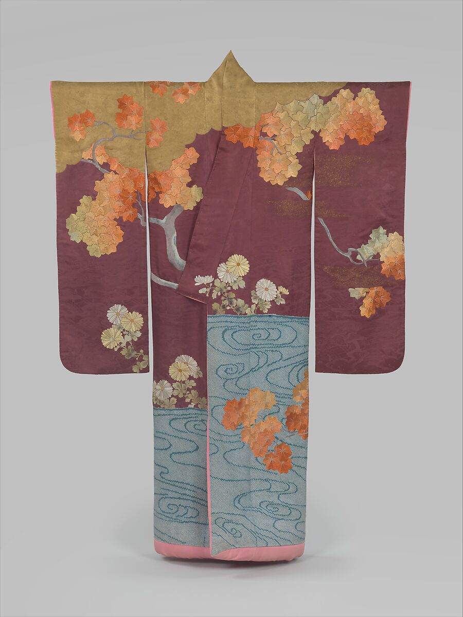 Outer Robe (Uchikake) with Maple Tree and River, Resist-dyed silk satin damask embroidered with silk and metallic thread, Japan