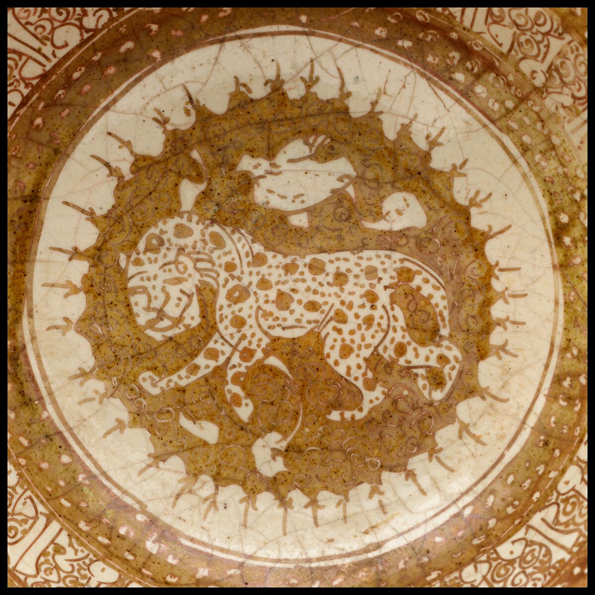 Bowl with Leopard, Stonepaste; luster-painted on opaque white glaze