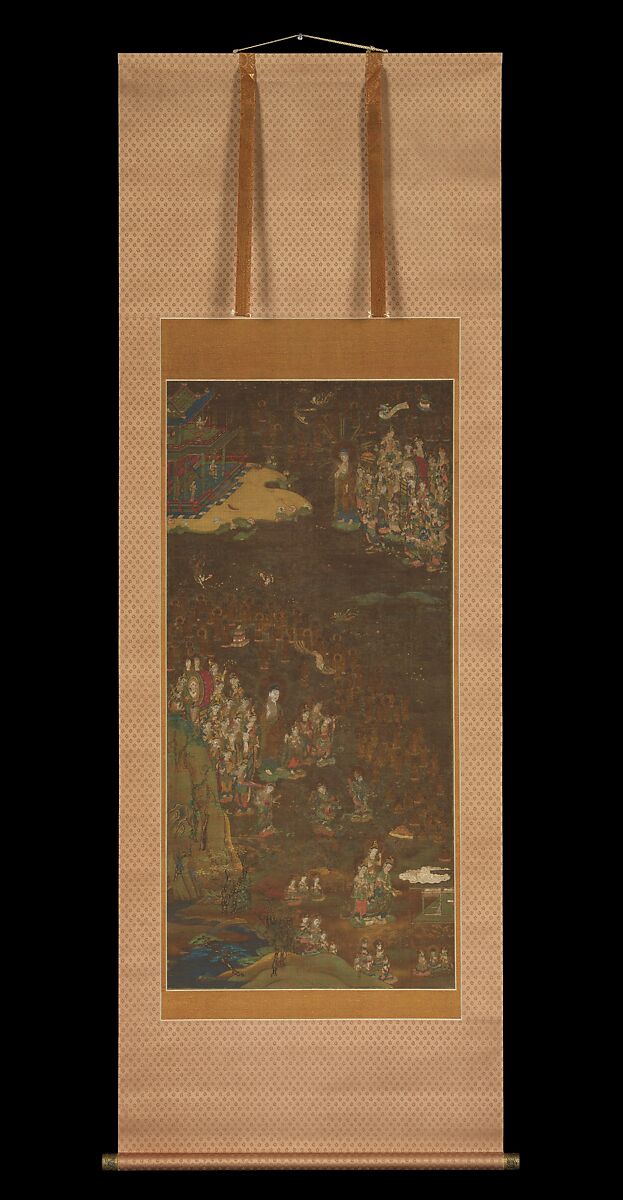 Descent and Return of Amida to Western Paradise with a Believer's Soul (Gōshō mandara), Hanging scroll; ink and color on silk, Japan