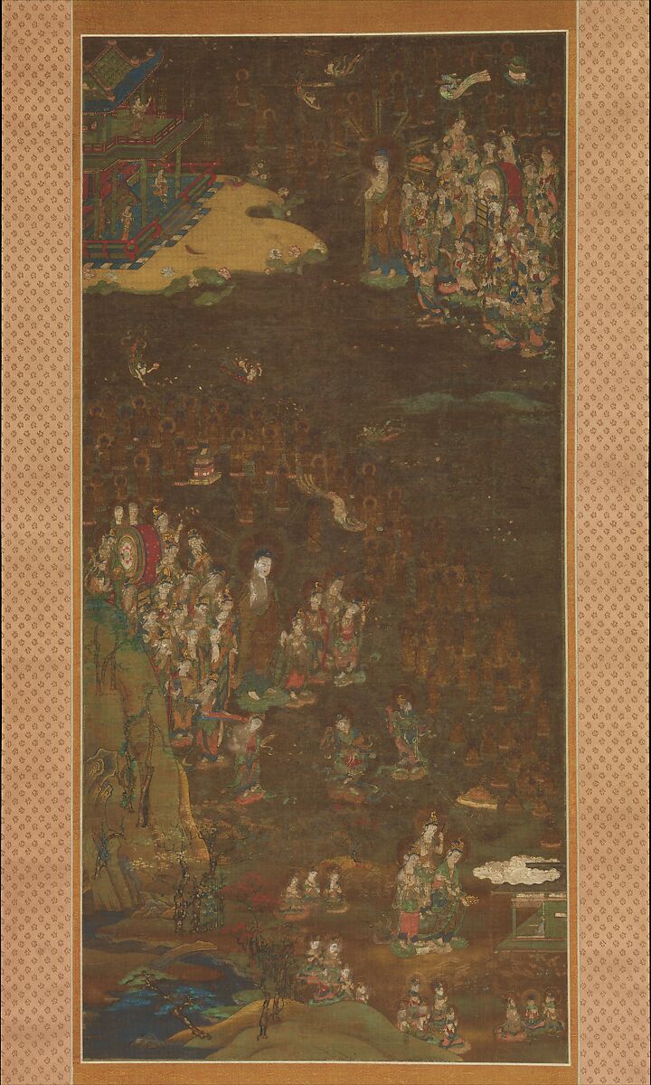 Descent and Return of Amida to Western Paradise with a Believer's Soul (Gōshō mandara), Hanging scroll; ink and color on silk, Japan