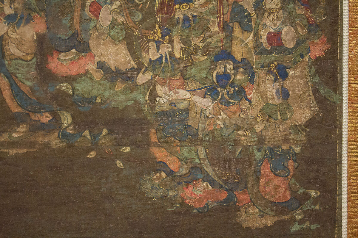 Descent and Return of Amida to Western Paradise with a Believer's Soul (Gōshō mandara), Hanging scroll; ink and color on silk, Japan