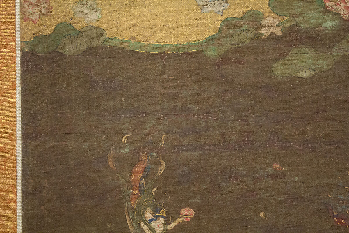 Descent and Return of Amida to Western Paradise with a Believer's Soul (Gōshō mandara), Hanging scroll; ink and color on silk, Japan