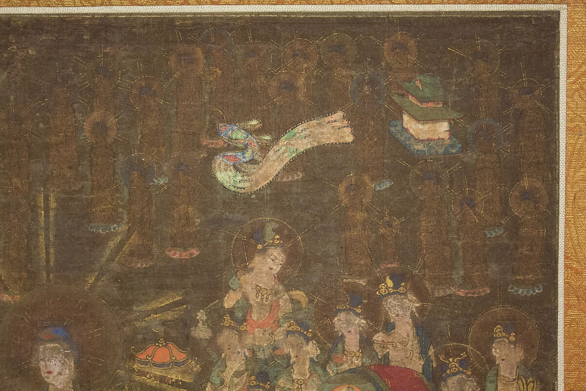 Descent and Return of Amida to Western Paradise with a Believer's Soul (Gōshō mandara), Hanging scroll; ink and color on silk, Japan