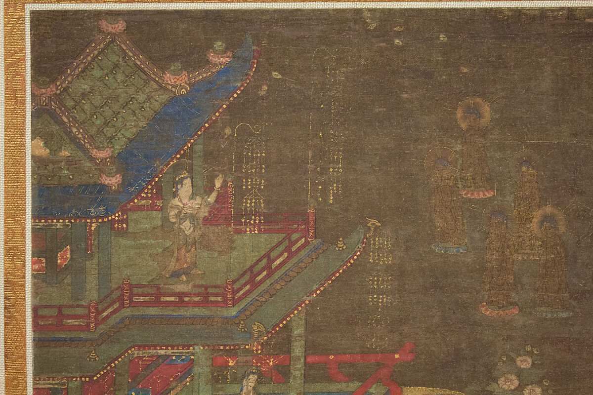 Descent and Return of Amida to Western Paradise with a Believer's Soul (Gōshō mandara), Hanging scroll; ink and color on silk, Japan
