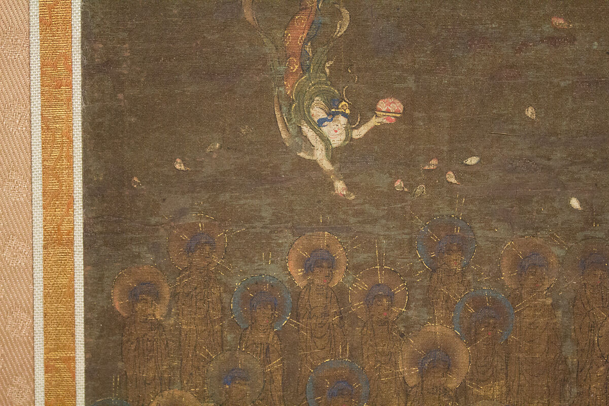 Descent and Return of Amida to Western Paradise with a Believer's Soul (Gōshō mandara), Hanging scroll; ink and color on silk, Japan