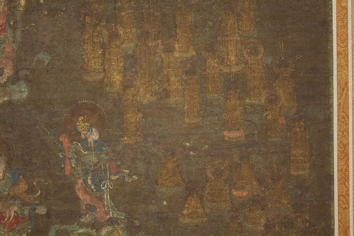 Descent and Return of Amida to Western Paradise with a Believer's Soul (Gōshō mandara), Hanging scroll; ink and color on silk, Japan
