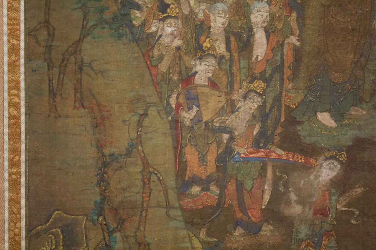Descent and Return of Amida to Western Paradise with a Believer's Soul (Gōshō mandara), Hanging scroll; ink and color on silk, Japan