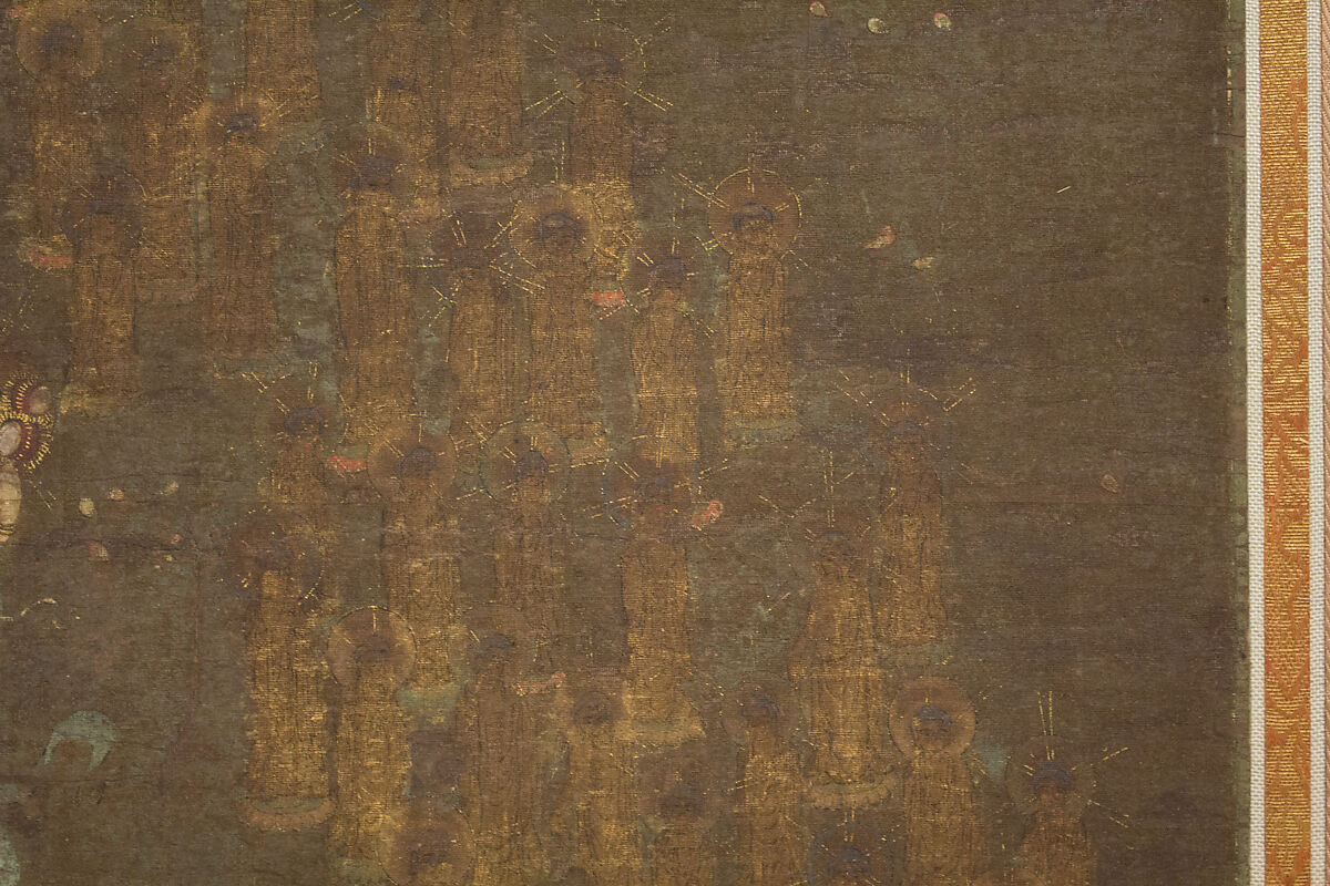 Descent and Return of Amida to Western Paradise with a Believer's Soul (Gōshō mandara), Hanging scroll; ink and color on silk, Japan