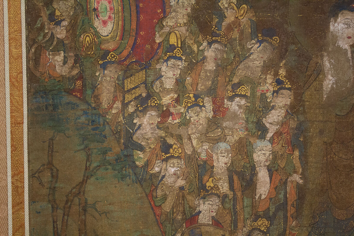 Descent and Return of Amida to Western Paradise with a Believer's Soul (Gōshō mandara), Hanging scroll; ink and color on silk, Japan