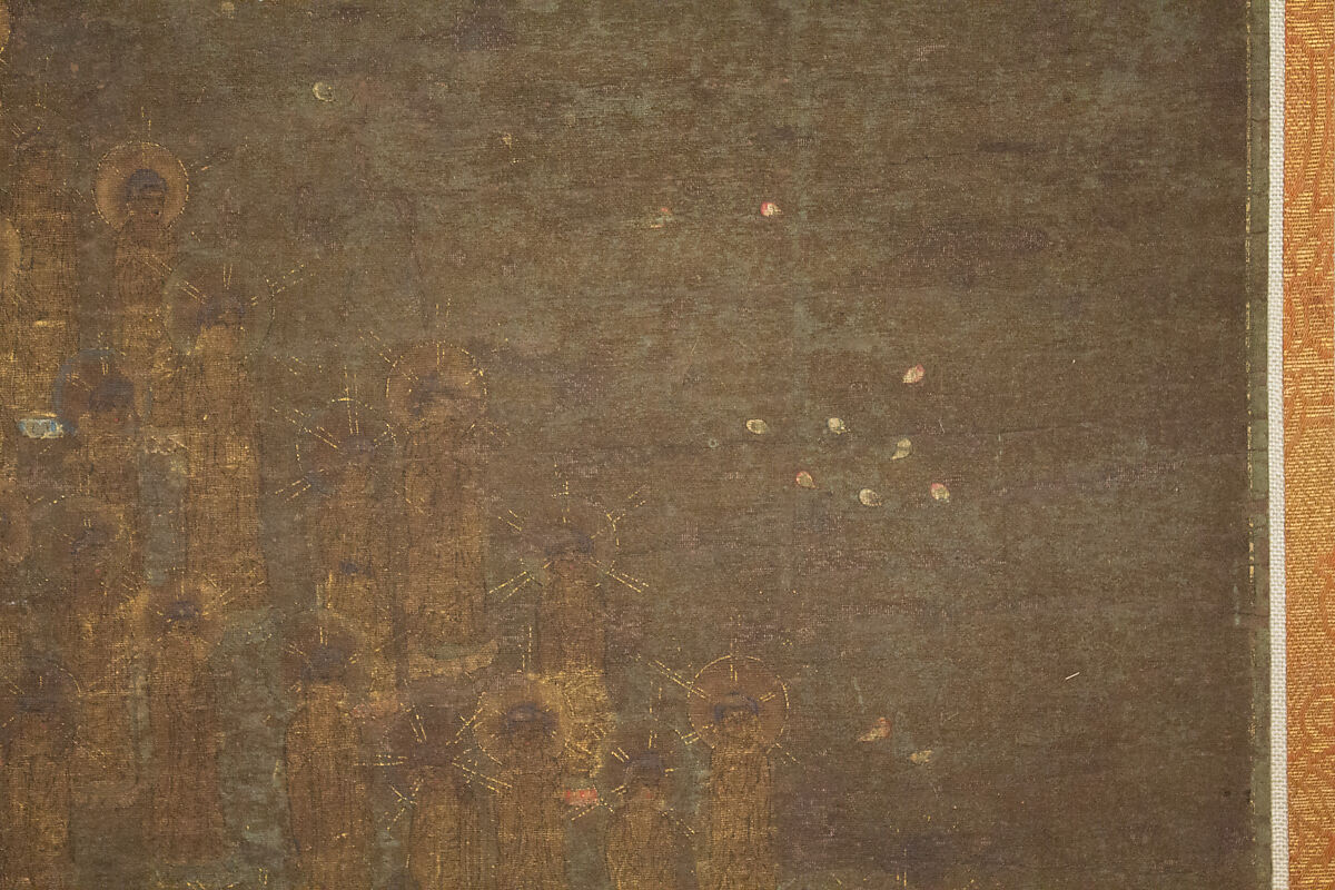 Descent and Return of Amida to Western Paradise with a Believer's Soul (Gōshō mandara), Hanging scroll; ink and color on silk, Japan