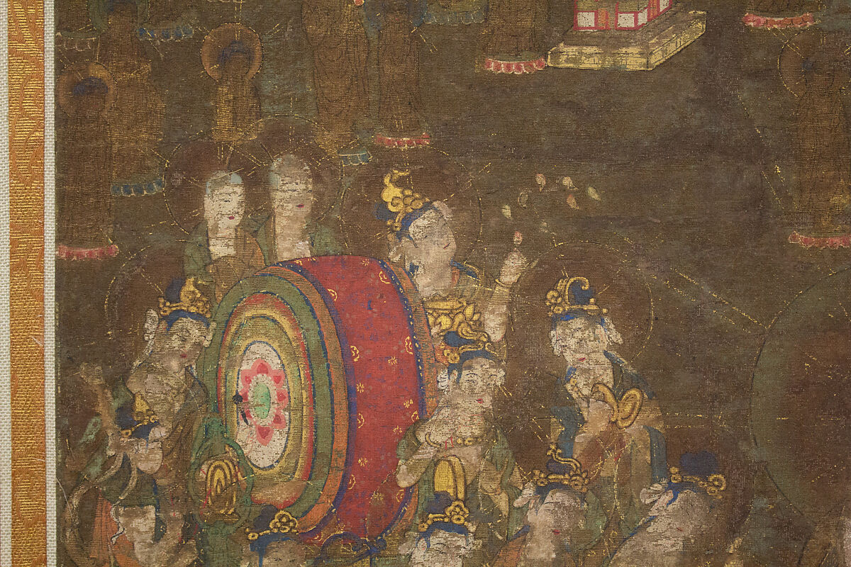 Descent and Return of Amida to Western Paradise with a Believer's Soul (Gōshō mandara), Hanging scroll; ink and color on silk, Japan