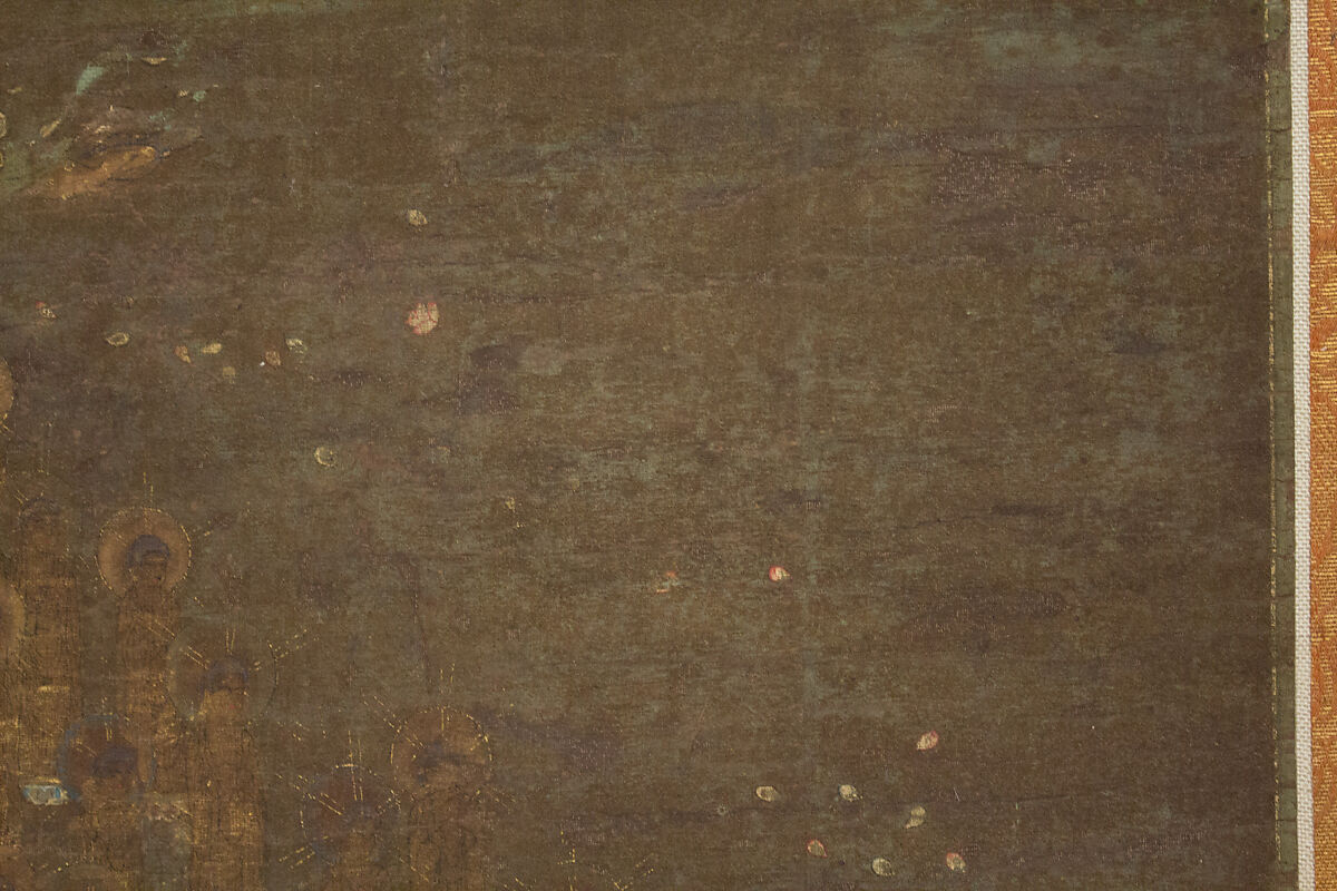 Descent and Return of Amida to Western Paradise with a Believer's Soul (Gōshō mandara), Hanging scroll; ink and color on silk, Japan